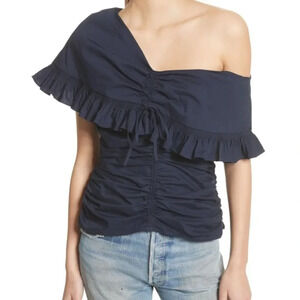 SEA Livia Navy Ruched Ruffle‎ Off Shoulder Blouse Sz 2